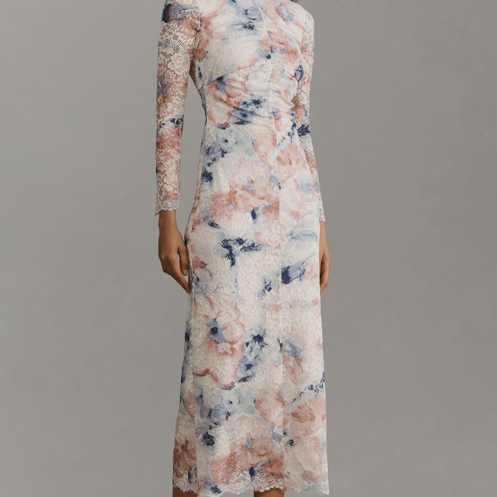 Anthropologie Lace Long-Sleeve Midi Dress in Blush, Navy & White